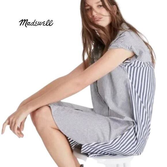 Madewell Women's Dress Stripe-mix shirtdress Blue White A line Cotton xS - Picture 1 of 7
